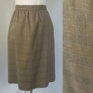 Vintage Midi Skirt Size 12 Tan Brown Plaid Minimal Preppy Dark Academia Office